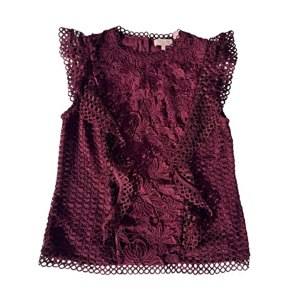 Ted Baker Zania Ruffle Mixed Lace Blouse Maroon Women’s 2 US6 Romantic Coquette - Picture 2 of 16